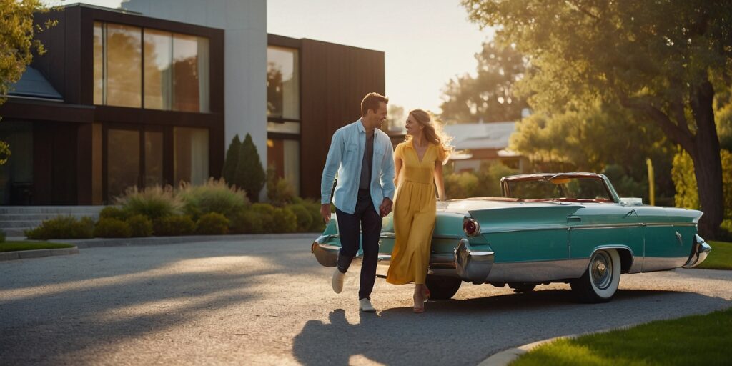 Image d'un couple heureux devant leur maison avec une voiture en arrière-plan.