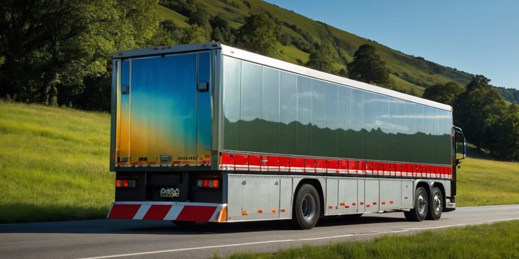 Un camion conçu pour le transport de chevaux, équipé de rampes de chargement et de stalles confortables.